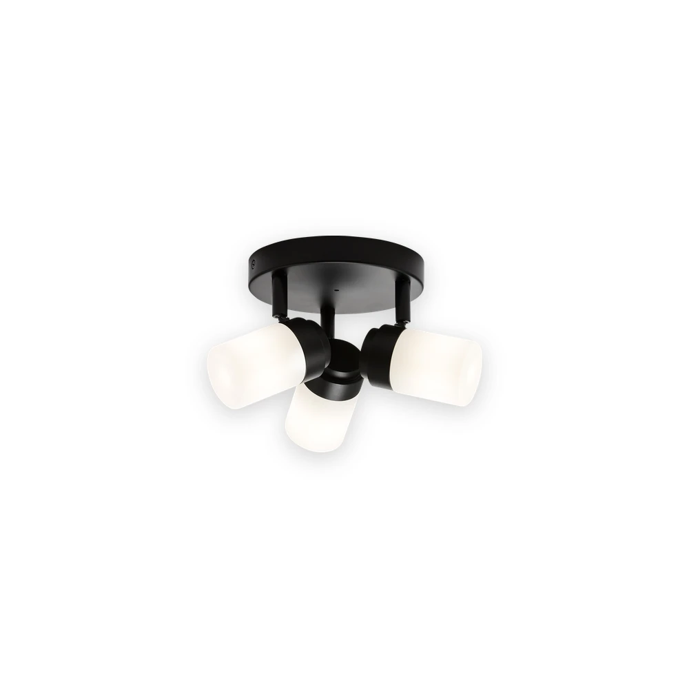 Knightsbridge BA02P3MB matt black triple G9 spotlight with round ceiling plate and frosted cylindrical glass shades Knightsbridge BA02P3MB matt black triple G9 spotlight with round ceiling plate and frosted cylindrical glass shades