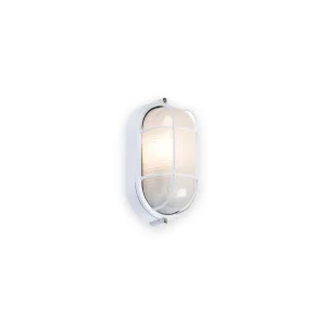Knightsbridge 230V IP54 60W White Oval Bulkhead With Wire Guard and Glass Diffuser