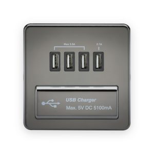 Knightsbridge 230V Quad USB-A Charger Outlet (5V DC 5.1A shared) in Black Nickel with Black Insert