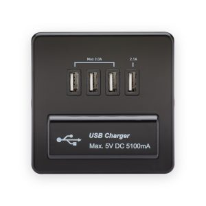 Knightsbridge 230V Quad USB-A Charger Outlet (5V DC 5.1A shared) in Matt Black with Black Insert