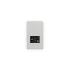 Knightsbridge 230V Shaver Socket with Dual USB A+C [5V DC 2.4A shared] - Brushed Chrome with Black Insert with shaver apertures and USB A and C ports