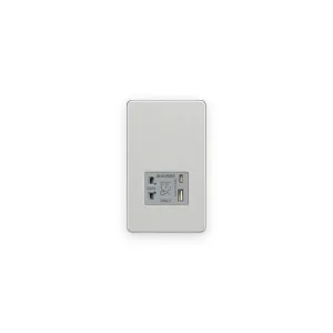 Knightsbridge 230V Shaver Socket with Dual USB A+C [5V DC 2.4A shared] - Brushed Chrome with Grey Insert with shaver apertures and USB A and C ports