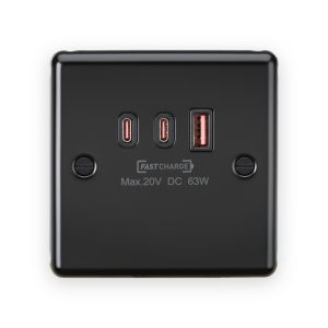 Knightsbridge 230V Triple USB Charger Plate 2 x USB-C 1 x USB-A [20V DC Max. 63W] - Matt Black