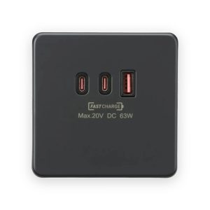 Knightsbridge 230V Triple USB Charger Plate 2xUSB-C 1xUSB-A [20V DC Max. 63W] - Anthracite
