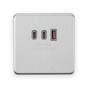 Knightsbridge 230V Triple USB Charger Plate 2xUSB-C 1xUSB-A [20V DC Max. 63W] - Brushed Chrome with Grey Insert