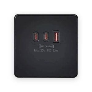 Knightsbridge 230V Triple USB Charger Plate 2xUSB-C 1xUSB-A [20V DC Max. 63W] - Matt Black