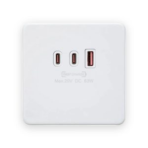 Knightsbridge 230V Triple USB Charger Plate 2xUSB-C 1xUSB-A [20V DC Max. 63W] - Matt White