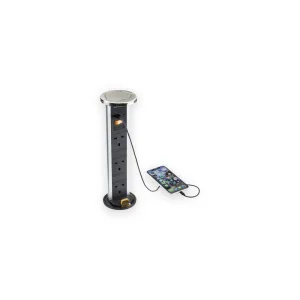 Knightsbridge SK9909BC brushed chrome pop-up three-gang socket with USB charger, shown charging a phone