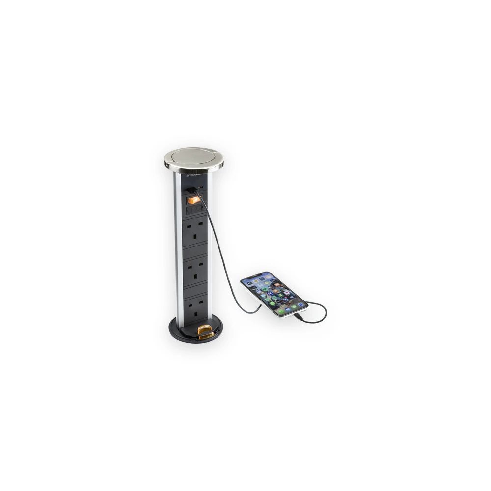 Knightsbridge SK9909BC brushed chrome pop-up three-gang socket with USB charger, shown charging a phone Knightsbridge SK9909BC brushed chrome pop-up three-gang socket with USB charger, shown charging a phone