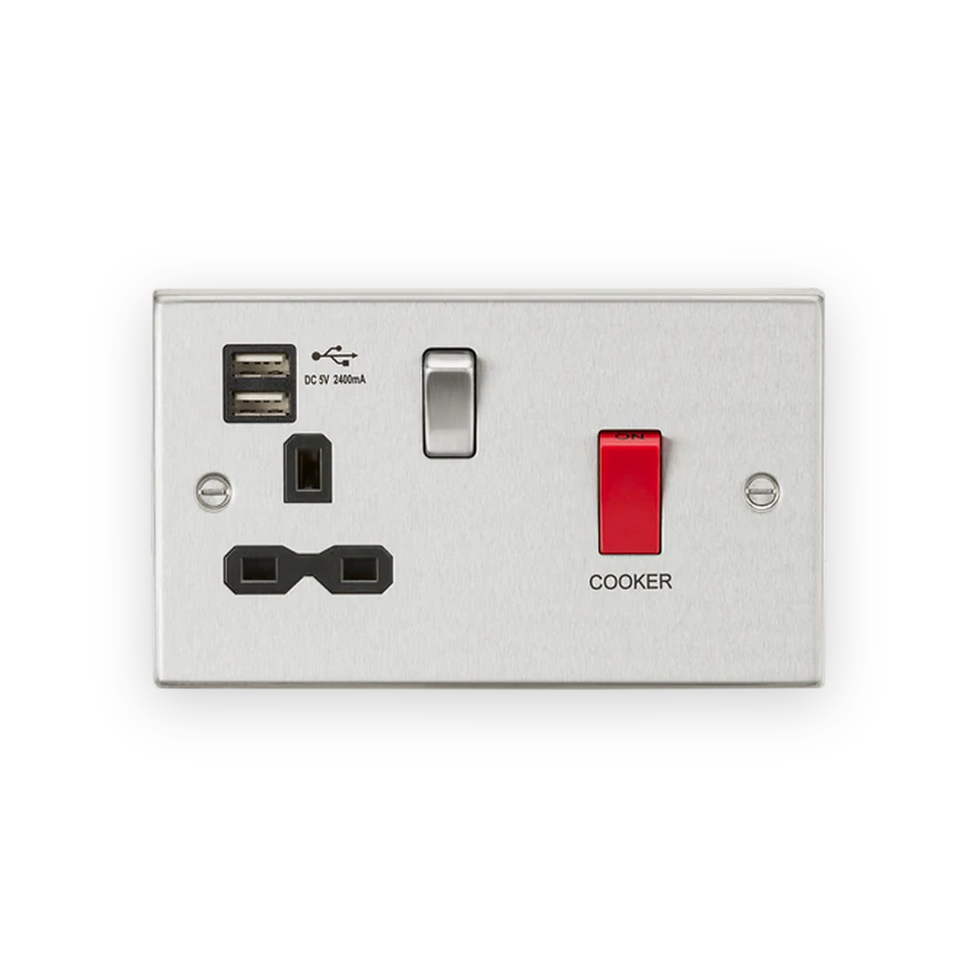 knightsbridge-45a-dp-switch-13a-socket-with-dual-usb-a-a-5v-dc-2-4a-shared-brushed-chrome-with-black-insert-cs8333ubc Knightsbridge 45A DP Switch & 13A Socket With Dual USB A+A (5V DC 2.4A Shared) - Brushed Chrome With Black Insert