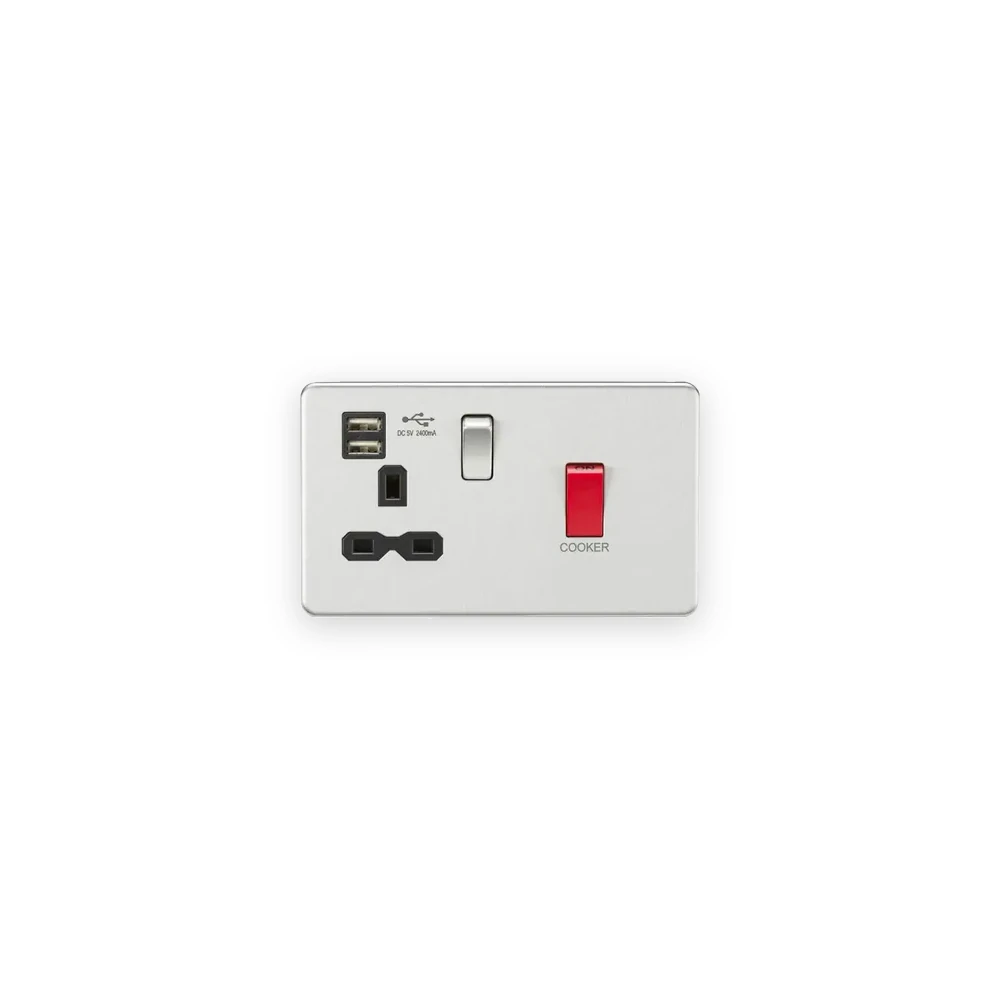Knightsbridge 45A DP Switch & 13A Socket with Dual USB A+A (5V DC 2.4A shared) - Brushed Chrome with Black Insert Knightsbridge 45A DP Switch & 13A Socket with Dual USB A+A (5V DC 2.4A shared) - Brushed Chrome with Black Insert