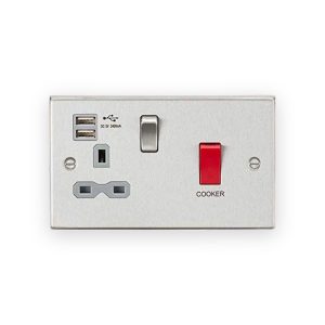 Knightsbridge 45A DP Switch & 13A Socket With Dual USB A+A (5V DC 2.4A Shared) - Brushed Chrome With Grey Insert