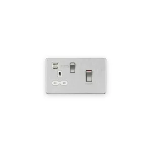 Knightsbridge 45A DP Switch & 13A Socket with Dual USB A+A (5V DC 2.4A shared) - Brushed Chrome with White Insert