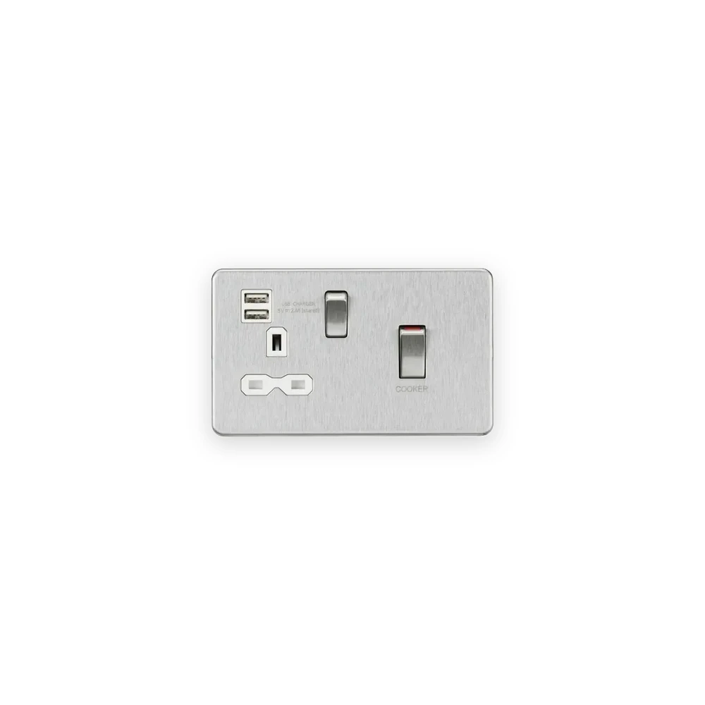 Knightsbridge 45A DP Switch & 13A Socket with Dual USB A+A (5V DC 2.4A shared) - Brushed Chrome with White Insert Knightsbridge 45A DP Switch & 13A Socket with Dual USB A+A (5V DC 2.4A shared) - Brushed Chrome with White Insert
