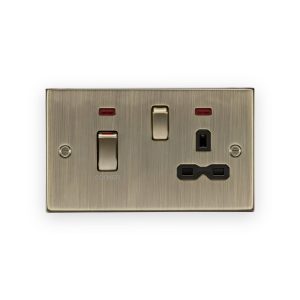 Knightsbridge 45A DP Switch & 13A Socket with Neons - Antique Brass with Black Insert - CS83MNAB