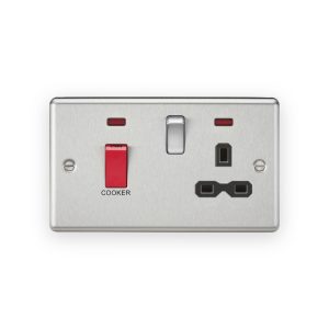 Knightsbridge 45A DP Switch & 13A Socket with Neons in Brushed Chrome with Black Insert