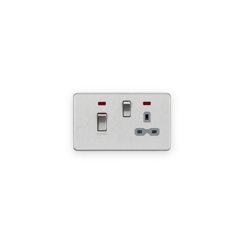 Knightsbridge 45A DP Switch & 13A Socket with Neons - Brushed Chrome with Grey Insert Knightsbridge 45A DP Switch & 13A Socket with Neons - Brushed Chrome with Grey Insert