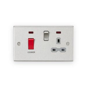 Knightsbridge 45A DP Switch & 13A Socket With Neons - Brushed Chrome With Grey Insert