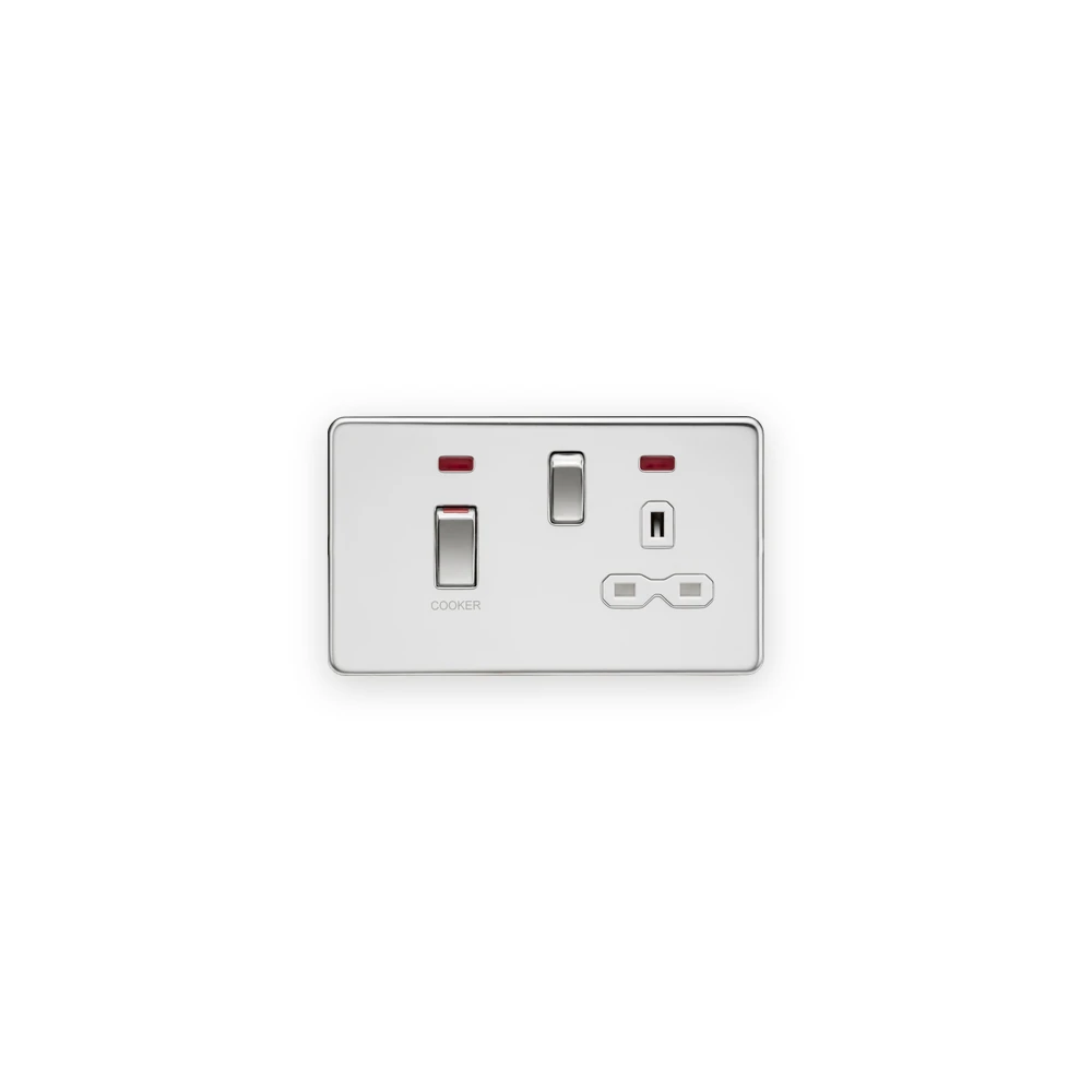 Knightsbridge 45A DP Switch & 13A Socket with Neons - Polished Chrome with White Insert Knightsbridge 45A DP Switch & 13A Socket with Neons - Polished Chrome with White Insert