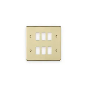 Knightsbridge 6G Grid Faceplate - Brushed Brass with module openings and fixing screws