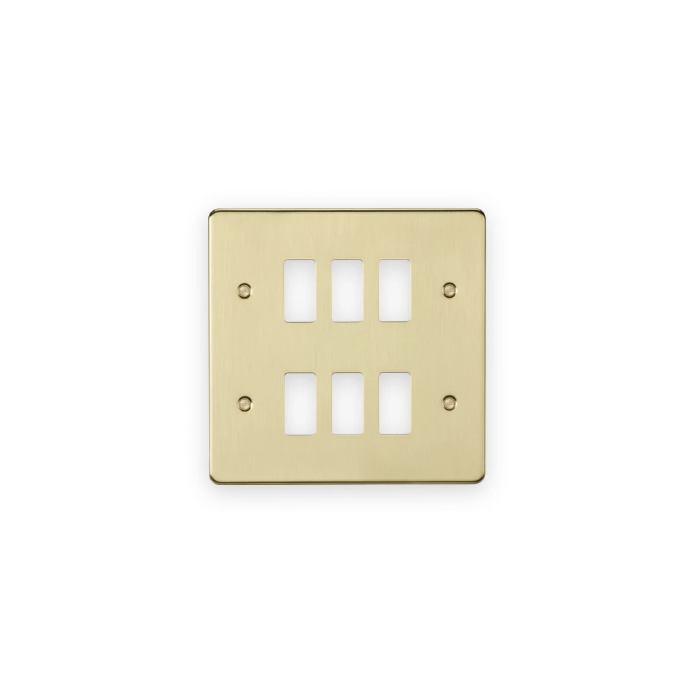 Knightsbridge 6G Grid Faceplate - Brushed Brass with module openings and fixing screws Knightsbridge 6G Grid Faceplate - Brushed Brass with module openings and fixing screws
