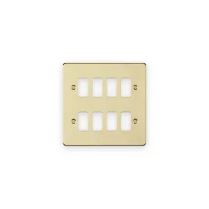 Knightsbridge 8G Grid Faceplate - Brushed Brass with module openings and fixing screws