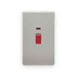 Knightsbridge brushed chrome 45A double-pole switch with red rocker and neon indicator