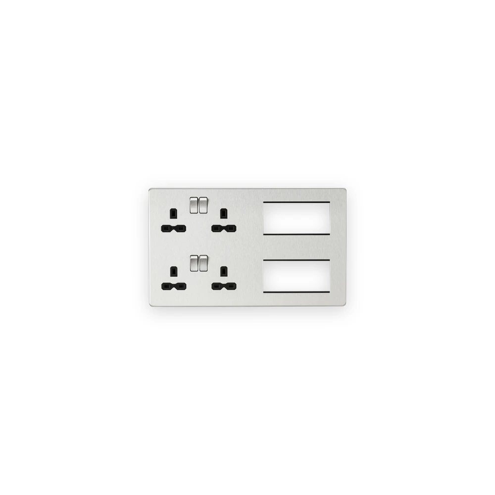 Knightsbridge SFR298BC brushed chrome combination plate with black socket inserts and two open module apertures Knightsbridge SFR298BC brushed chrome combination plate with black socket inserts and two open module apertures