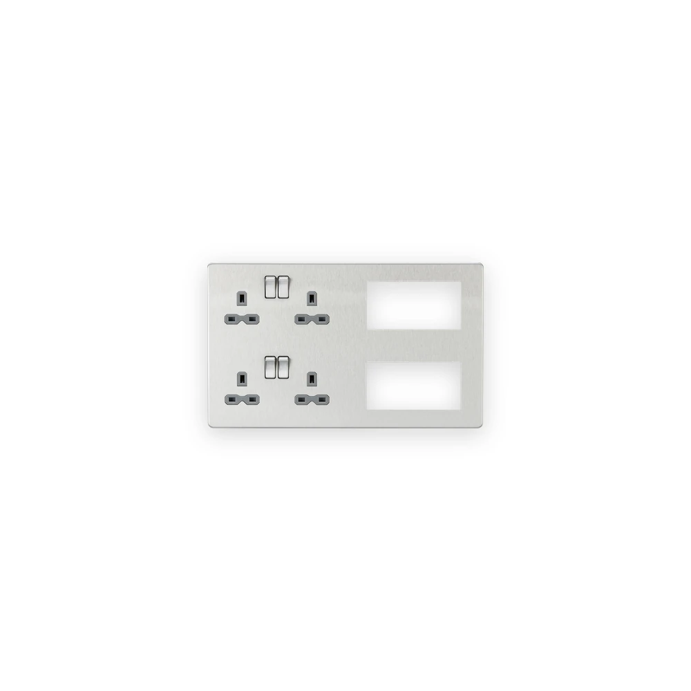 Knightsbridge SFR298BCG brushed chrome combination plate with grey socket inserts and two open module apertures Knightsbridge SFR298BCG brushed chrome combination plate with grey socket inserts and two open module apertures