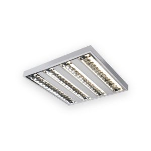 Knightsbridge four-lamp T5 surface fluorescent fitting with white frame and reflective louvres
