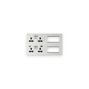 Knightsbridge SFR998BC brushed chrome multimedia combination plate with black socket inserts, USB-A and USB-C ports and two open module apertures
