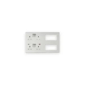 Knightsbridge SFR998BCW brushed chrome multimedia combination plate with white socket inserts, USB-A and USB-C ports and two open module apertures