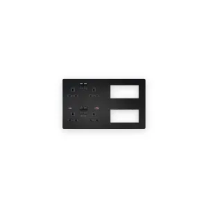 Knightsbridge SFR998MBB matt black multimedia combination plate with black socket inserts, USB-A and USB-C ports and two open module apertures
