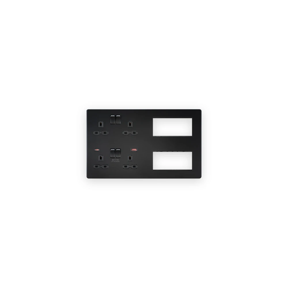 Knightsbridge SFR998MBB matt black multimedia combination plate with black socket inserts, USB-A and USB-C ports and two open module apertures Knightsbridge SFR998MBB matt black multimedia combination plate with black socket inserts, USB-A and USB-C ports and two open module apertures