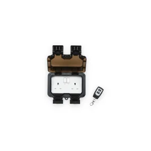 Knightsbridge OP9R outdoor double switched socket with open smoked lid and A/B remote control