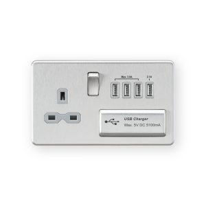 Knightsbridge 13A Switched Socket with Quad USB-A (5V DC 5.1A shared) - Brushed Chrome with Grey Insert - SFR7USB4BCG