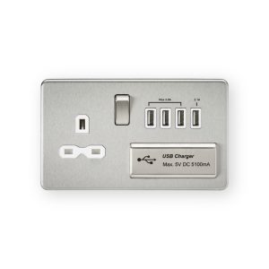 Knightsbridge 13A Switched Socket with Quad USB-A (5V DC 5.1A shared) - Brushed Chrome with White Insert - SFR7USB4BCW