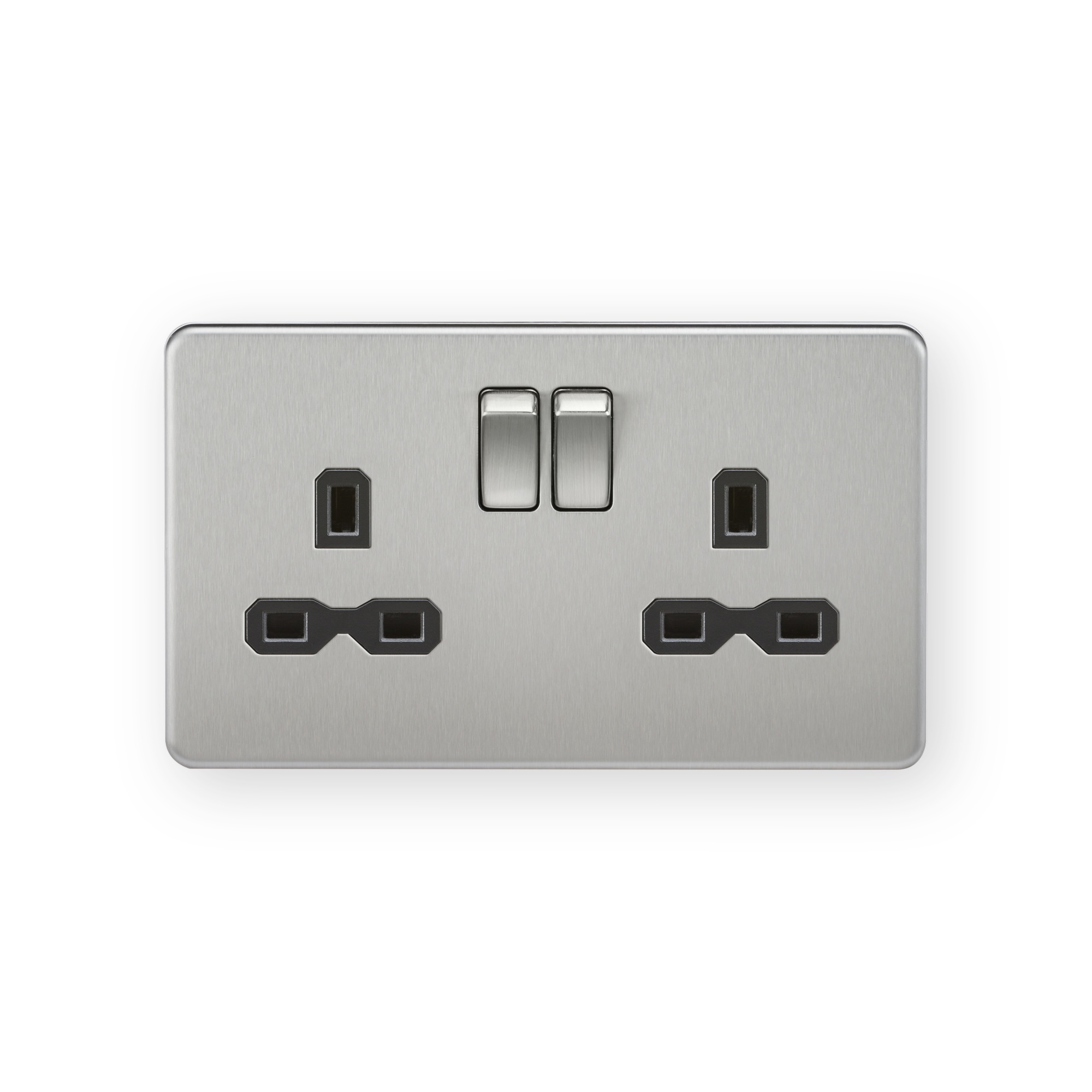 knightsbridge-sfr9000bc-brushed-chrome-black-insert-double-socket Knightsbridge 13A 2G DP Switched Socket with Twin Earths - Brushed Chrome with Black Insert - SFR9000BC