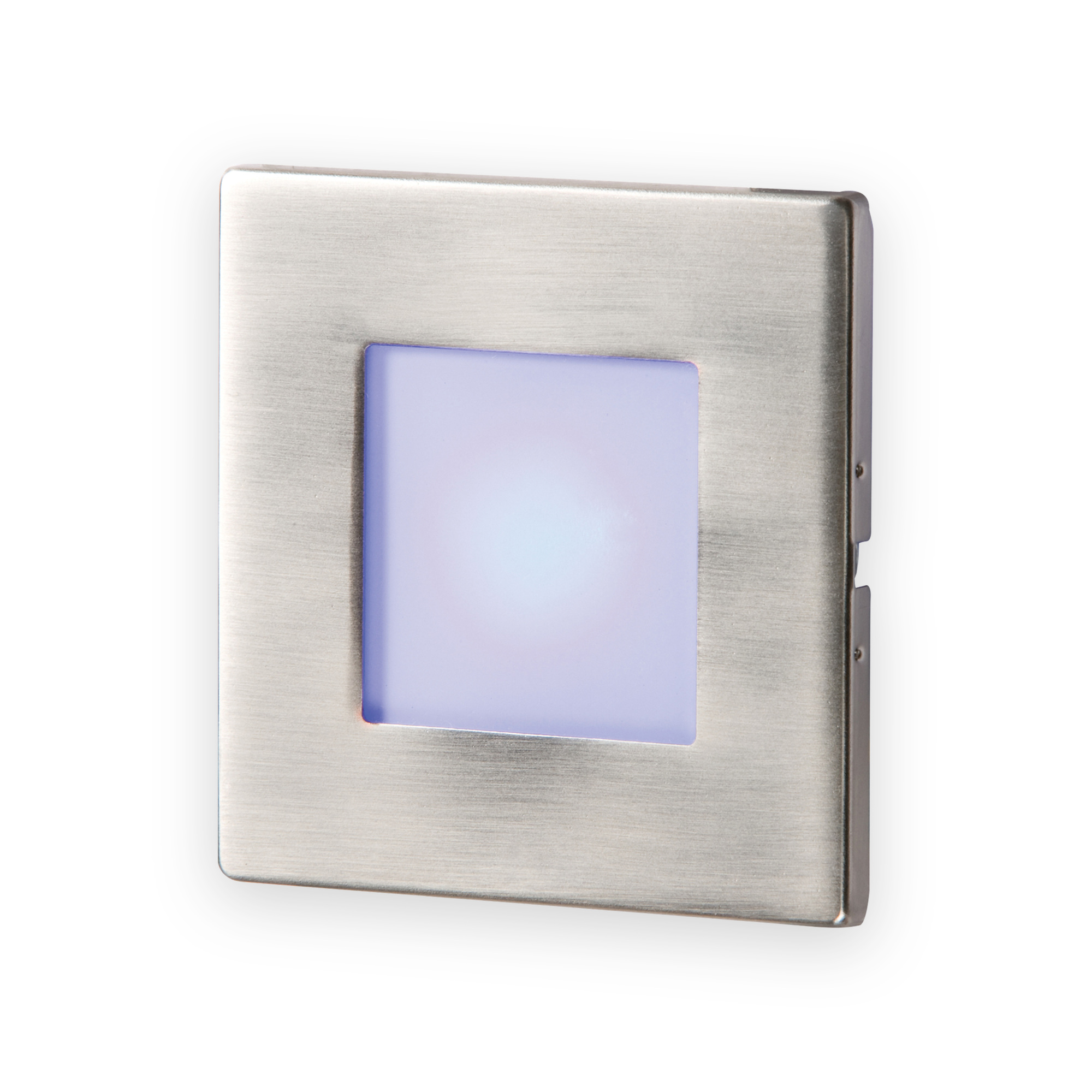 knightsbridge-stainless-steel-blue-led-wall-light-v1 Knightsbridge stainless steel recessed wall light with blue illuminated square diffuser