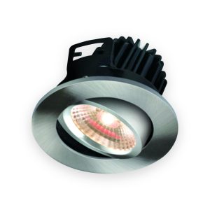 Knightsbridge warm white tilt downlight with brushed chrome bezel and black heat sink