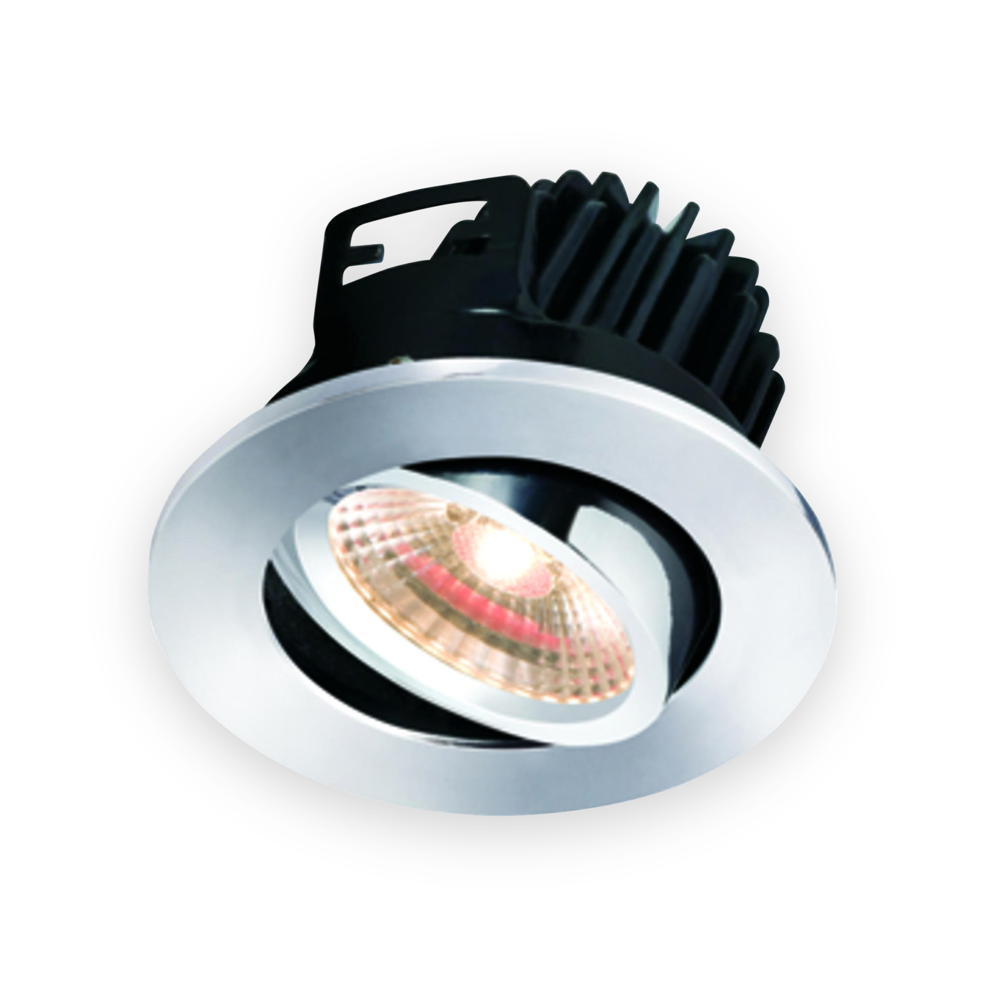 knightsbridge-warm-white-chrome-tilt-downlight-v1 Knightsbridge warm white tilt downlight with chrome bezel and black heat sink
