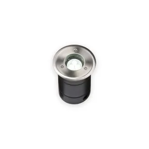 Round stainless steel ground light with glass optic and dark housing