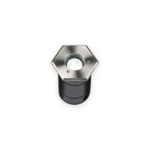 Hexagonal stainless steel ground light with glass optic and dark housing