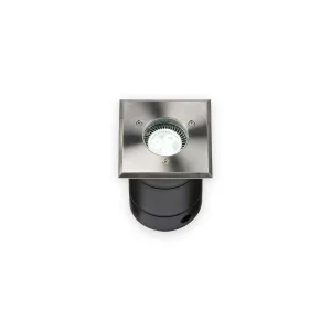 Square stainless steel ground light with glass optic and dark housing