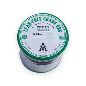 Green reel of lead-free grade 99C solder wire with AIM UK Summit label and visible wire windings