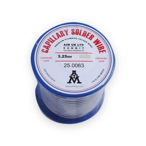 Blue reel of leaded capillary solder wire with AIM UK Summit label and visible wire windings