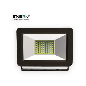 Black ENER-J LED floodlight with silver reflector, yellow LED array and mounting bracket, with ENER-J logo