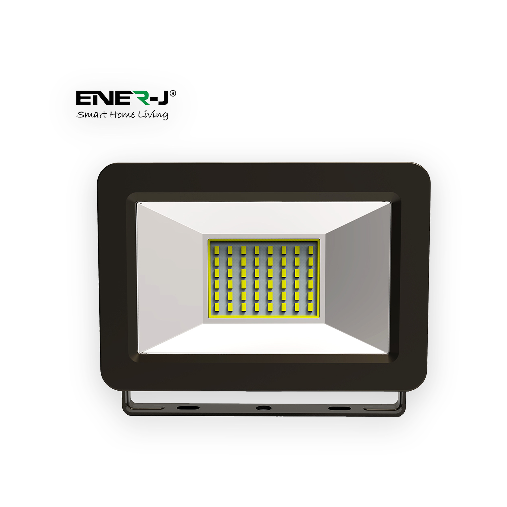 led-smd-non-pir-floodlight-ip65-30w-2400lm-6000k-7103351141286-gallery-01 Black ENER-J LED floodlight with silver reflector, yellow LED array and mounting bracket, with ENER-J logo