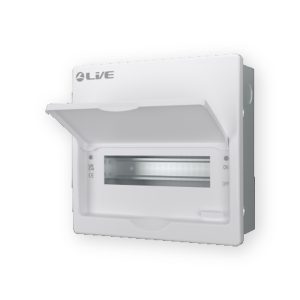 LIVE FMC10 10 module flush mounted consumer unit with open front cover, angled view