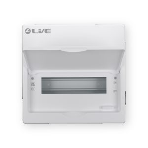 LIVE FMC10 10 module flush mounted consumer unit with open front cover, front view